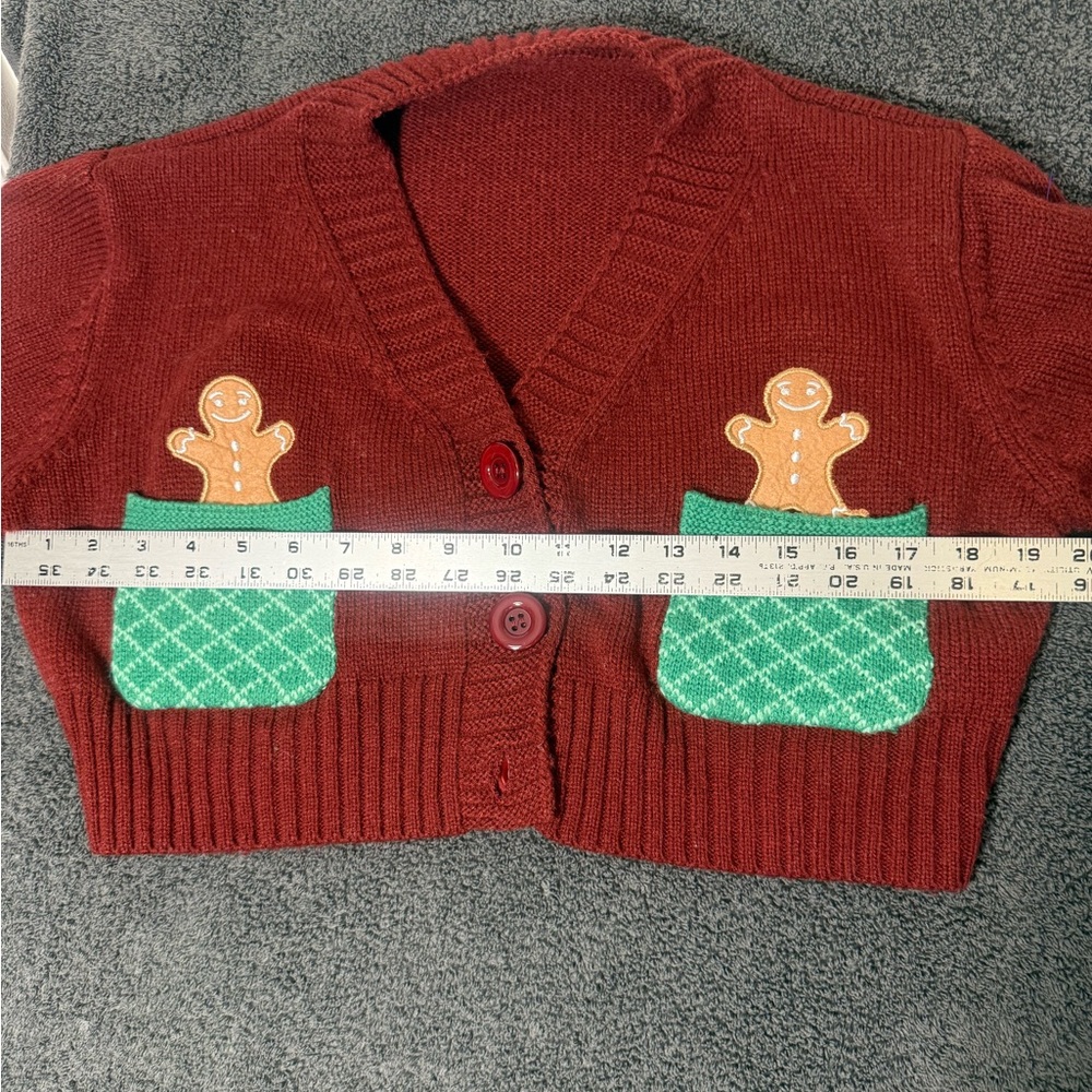 Women's Red Christmas Cardigan Sweater with Green Accents‎ - Picture 3 of 4